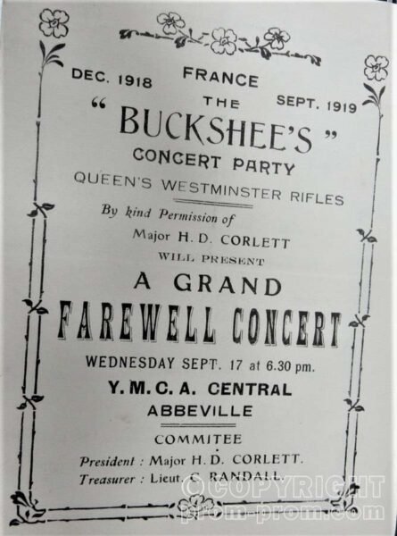 QUEENS WESTMINSTERS RIFLES BUCKSHEES CONCERT PARTY ABBEVILLE YMCA 1919, programme cover