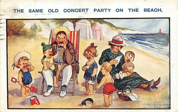 Comic concert party card - "Same old concert party on the beach"