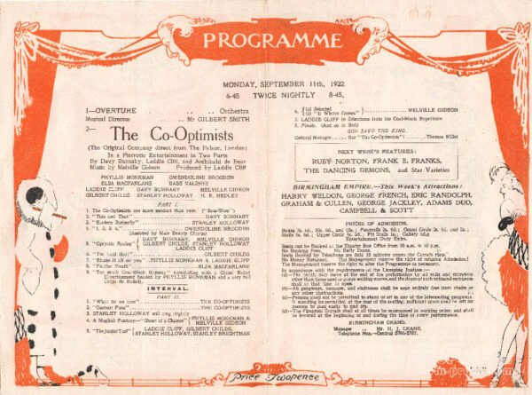 Programme for The Co-Optimists, Monday 11th September 1922