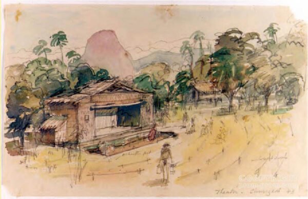 Watercolour of Chungkai Theatre, Burma by Jack ChalkerWatercolour of Chungkai Theatre, Burma by Jack Chalker