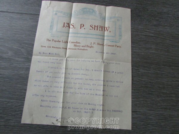 J P Shaw Merry & Bright Concert Party 1917 Letter to Help Raise Funds for ww1 Wounded Soldiers