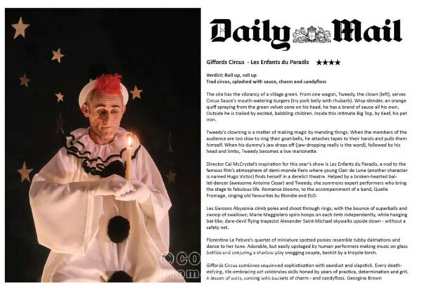 Tweedy as Pierrot for Giffords Circus in Les Enfants du Paradis
